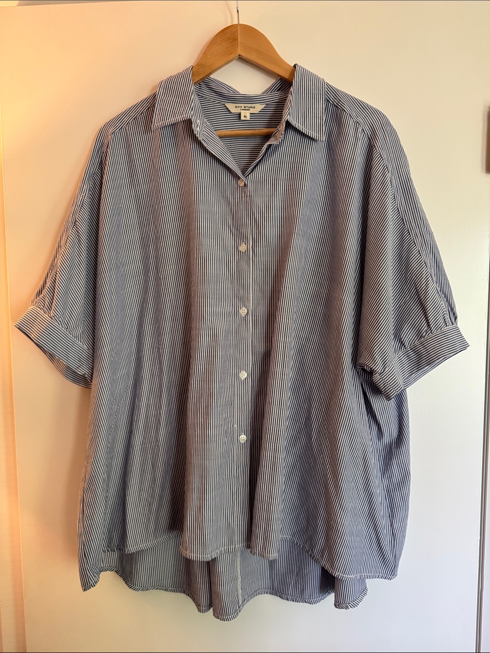 Max Studio Blue and White Striped Boxy Button-Up Blouse